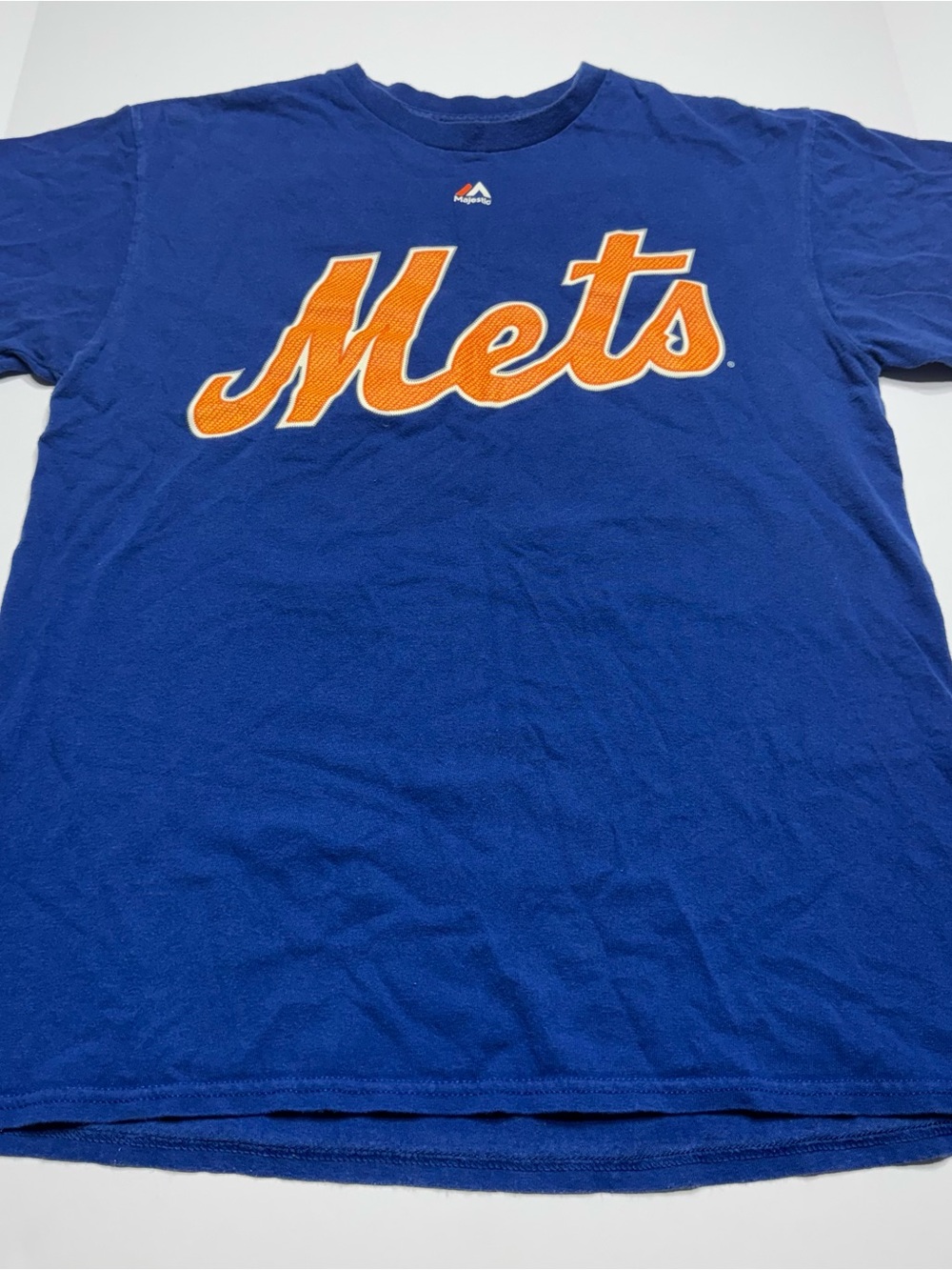 Majestic Blue Mets Script Tee with Orange Lettering